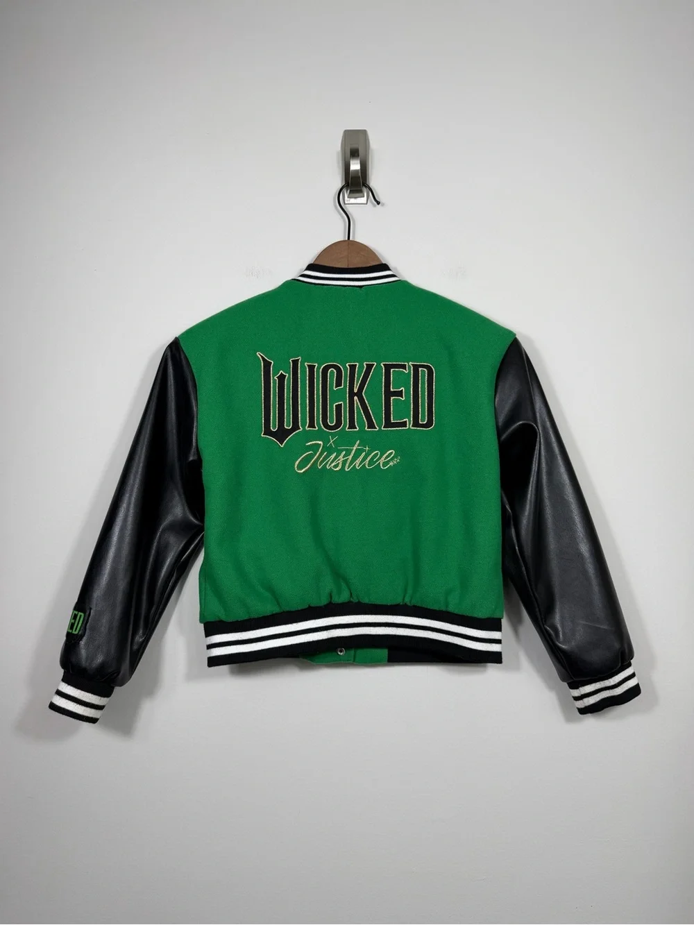 Wicked x Justice Girls Small 7/8 Varsity Jacket Green Black Elphaba